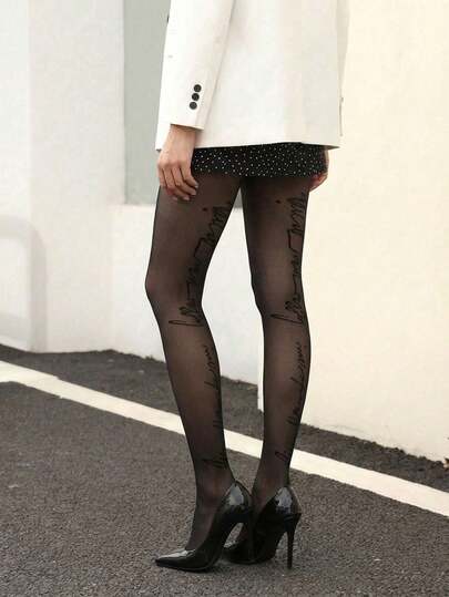 1 Pair Women's Sheer Pantyhose With Handwritten English Print, Personalized Tights Suitable For Party Outfit