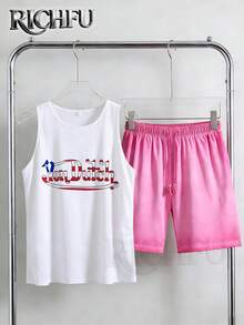 Von Dutch,Casual Two Piece Set,Women's Breathable & Comfortable Casual Set,Crew-Neck Pure Cotton Tank Top And Washed Shorts (With Pockets) - Versatile Wardrobe Essential - White + Pink - View 3