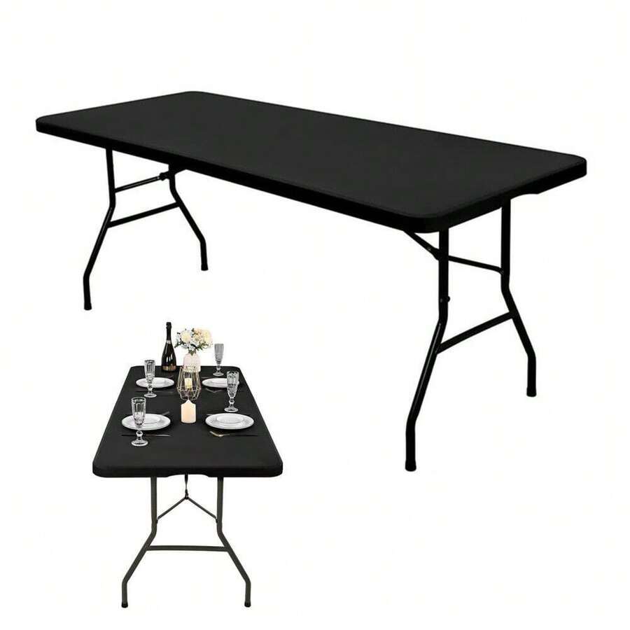 Stretch Fabric Table Top Cap Cover Washable Elastic Universal Rectangle Tablecloth - Black - View 1