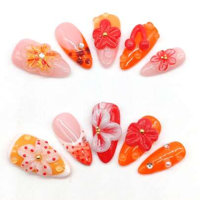 10 miếng móng giả dán thủ công, dài 25mm, hình hạnh nhân, màu trắng vàng, màu đỏ, cánh hoa trắng nổi 3D, hoa đỏ, chấm tròn trong suốt nổi, ngọc trai đính đá. Móng giả mùa xuân dễ thương.