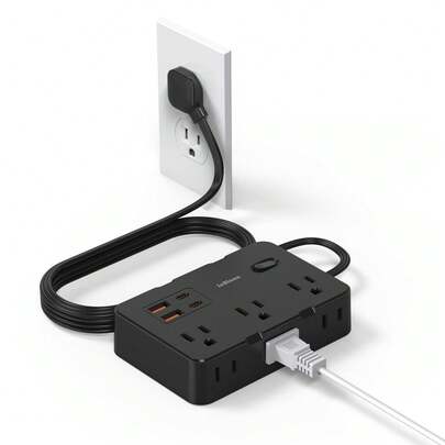 Extension Cord With 6 Multiple Outlets - Flat Plug Power Strip With 4 USB Ports (2 USB C), 5/10/15Ft Long Braided Cord, Wall Mount For Home Dorm Room Essentials