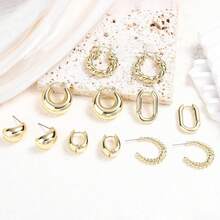 6 Pairs 14K Gold Plated Hoop Earrings Women Lightweight Chunky Hoop Earrings Multipack, Thick Open Twisted Huggie Hoops Earring Set Jewelry Gifts. - Gold - View 5