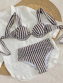 PEPPERMOLLY Damen Braun & Weiß gestreifter High-Waist Bikini Set - 2-teiliger Badeanzug mit Futter, Retro gestreiftes Design, angenehm dehnbarer Stoff, ideal für Sommer Strand, Pool, Urlaub und Wassersport - Bräunlich-weiß - Übersicht 4