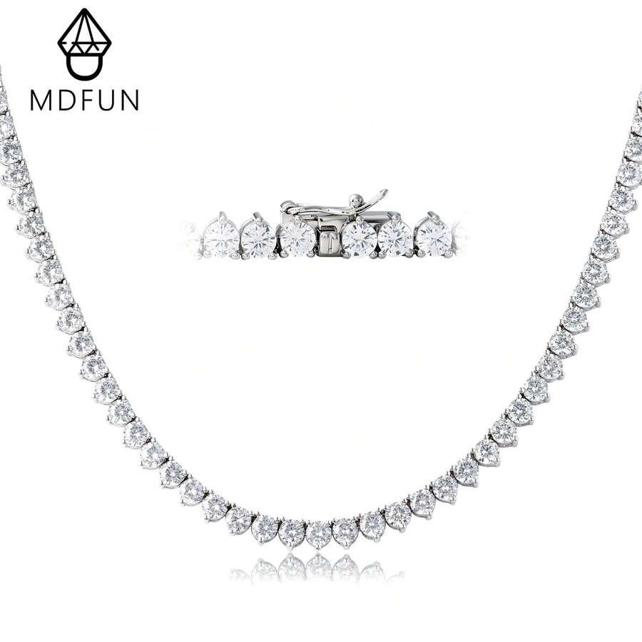 MDFUN 4毫米网球项链，女士款 - 三爪镶嵌18K白金镀层圆形立方氧化锆经典钻石切割链，男女通用