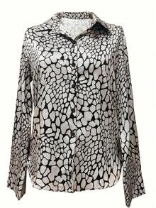 Plus Size Women Elegant Blouse, Classic Snake Skin Print Satin Sexy Open Front Shirt, Fashionable & Versatile Spring - Silver - View 3