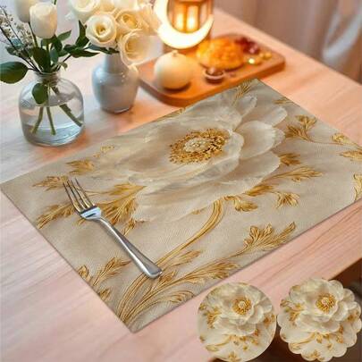 Bộ 4/6 tấm lót bàn ăn họa tiết hoa vàng 2D, phong cách cổ điển, trang trí nhà cửa, chất liệu giả vải lanh, có các hình tròn, hoa văn và hình chữ nhật, trang trí nhà cửa mùa xuân/hè, đồ dùng tiệc trong nhà/ngoài trời, trang trí theo chủ đề retro, trang trí phòng. Thích hợp cho trang trí nhà bếp hàng ngày và trang trí tiệc tùng các sự kiện thường nhật.