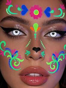 4 piezas de tatuajes temporales florales neón, pegatinas de arte corporal que brillan en la oscuridad, adecuadas para fiestas nocturnas, festivales de música, arte en las mejillas y las cejas en primavera/verano - Multicolor - Ver 5