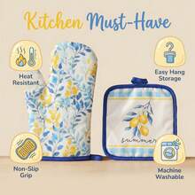 2 件套夏季柠檬印花隔热手套和隔热垫套装，耐热加厚涤纶厨房手套，防滑设计，适用于烘焙烹饪（包含 1 个隔热手套和 1 个隔热垫） - 彩色 - 查看 2