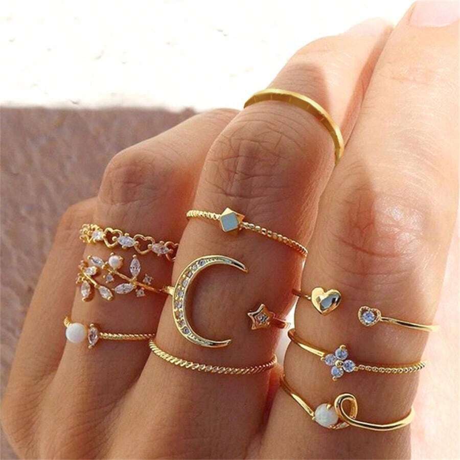 水钻蝴蝶叶子设计可调节戒指套装,奢华优雅叠戴指节戒指,女士款 - 11 - 查看 1