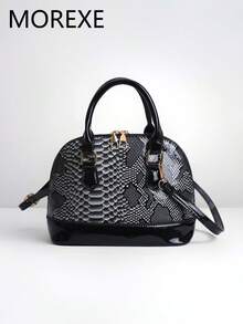 Women's Shell Handbag, Fashion Crocodile Skin Patchwork Tote Bag, Snake Skin Pattern Shoulder Bag, Versatile Commuter Bag - Black - View 1