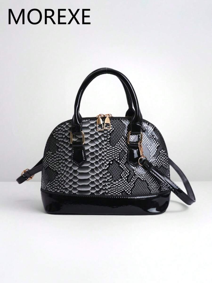 Women's Shell Handbag, Fashion Crocodile Skin Patchwork Tote Bag, Snake Skin Pattern Shoulder Bag, Versatile Commuter Bag - Black - View 1