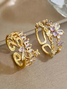 18K Gold Plated Anti-Fading Elegant Butterfly Heart Bow Zirconia Adjustable Ring Set, Women's Vintage Jewelry, For Valentines, Party, Gala, Daily, Dating, New Years, Wedding, Beach, Christmas Anniversary, Elegant Mom Gift Boho Jewelry Birthday Bridesmaid Gift Regal Elegant Accessory Set - Multicolor - View 1