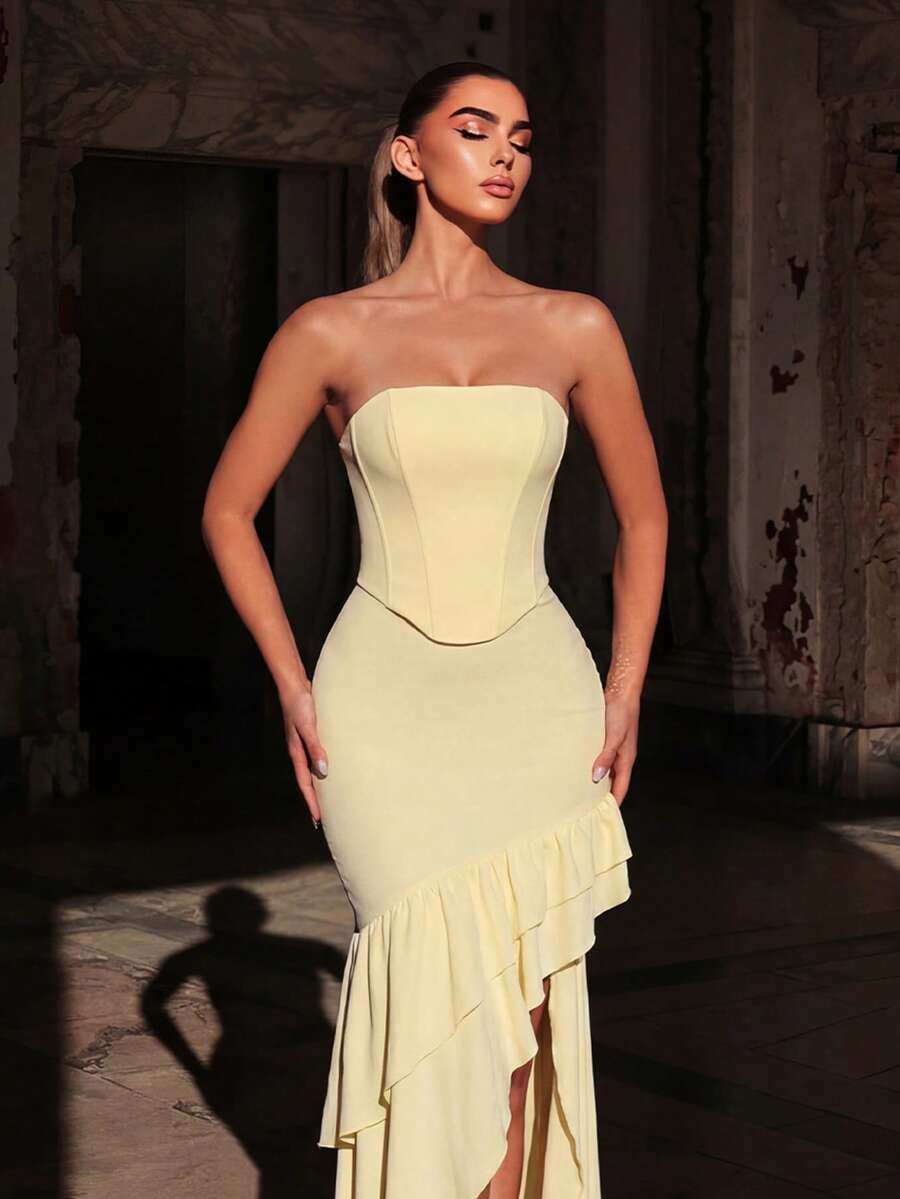 Faeriesty Đầm dạ hội dáng đuôi cá thanh lịch dành cho nữ, có dây thắt eo, chân váy xếp ly và thiết kế buộc dây phía sau, phù hợp cho các bữa tối trang trọng, dạ hội, lễ tốt nghiệp, tiệc sinh nhật, sự kiện thảm đỏ và đám cưới. - Màu vàng - Xem 1