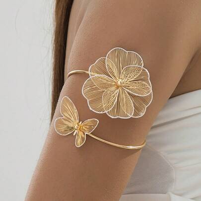 1pc Elegant Metal Minimalist Butterfly & Flower Arm Cuff, Adjustable Fit For Women Daily Wear