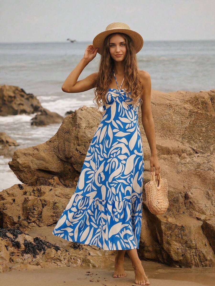 ZIAI 时尚蓝色露肩无袖连衣裙，夏季女装 - 藍色 - 查看 1