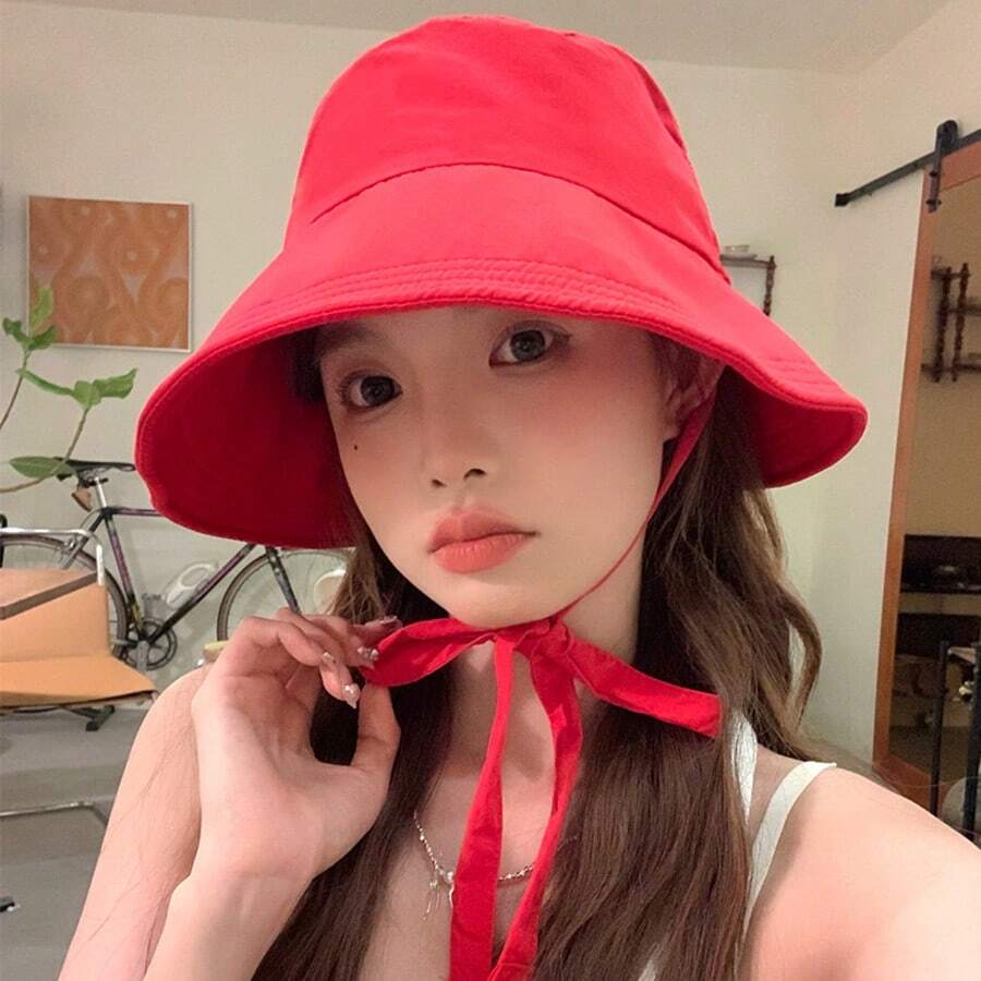 Mũ rộng vành thắt nơ cho nữ, mũ che nắng thời trang đi biển có dây đeo - mũ - Xem 1