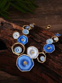 Cring Coco 1 Elegante conjunto de joyería retro de estilo bohemio con diseño geométrico calado de la serie botánica de verano, de aleación de zinc con collar y pendientes elásticos para mujeres. Perfectamente adecuado para mujeres hermosas. Apropiado para uso diario, vacaciones, banquetes de alta gama, fiestas, San Valentín, Día de la Madre, cumpleaños y días festivos. - Caqui - Ver 8