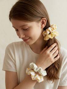 5pcs Sweet & Lovely Yellow-Colored Hair Scrunchies Set For Girls, Suitable For Daily Life And Vacation - Yellow - View 6