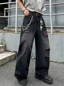 1pc Hearty Haven American Street Style Distressed Men's Loose Fit Wide Leg Washed Denim Jeans (No Belt & Accessories) - Black - View 4
