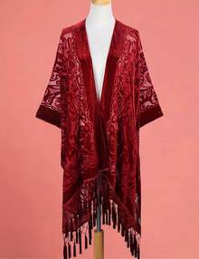 WeHello Women's Boho Burnout Velvet Kimono Long Cover Up With Tassel Casual Cardigan Shawl Flowy Fabric Beachwear Suit Womenswear Clothes Swimwear Coverups SpringStatements - 中紫紅色 - 查看 7