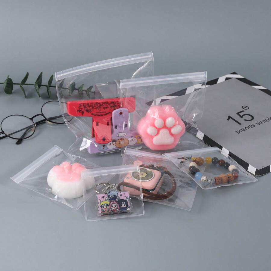 5pcs Transparent PVC Self-Sealing Bags, Squeeze Toy Storage Bags, Waterproof & Moisture-Proof, Stress Relief Toy Display Bags, Portable Small Item Storage, Reusable - Clear - View 1