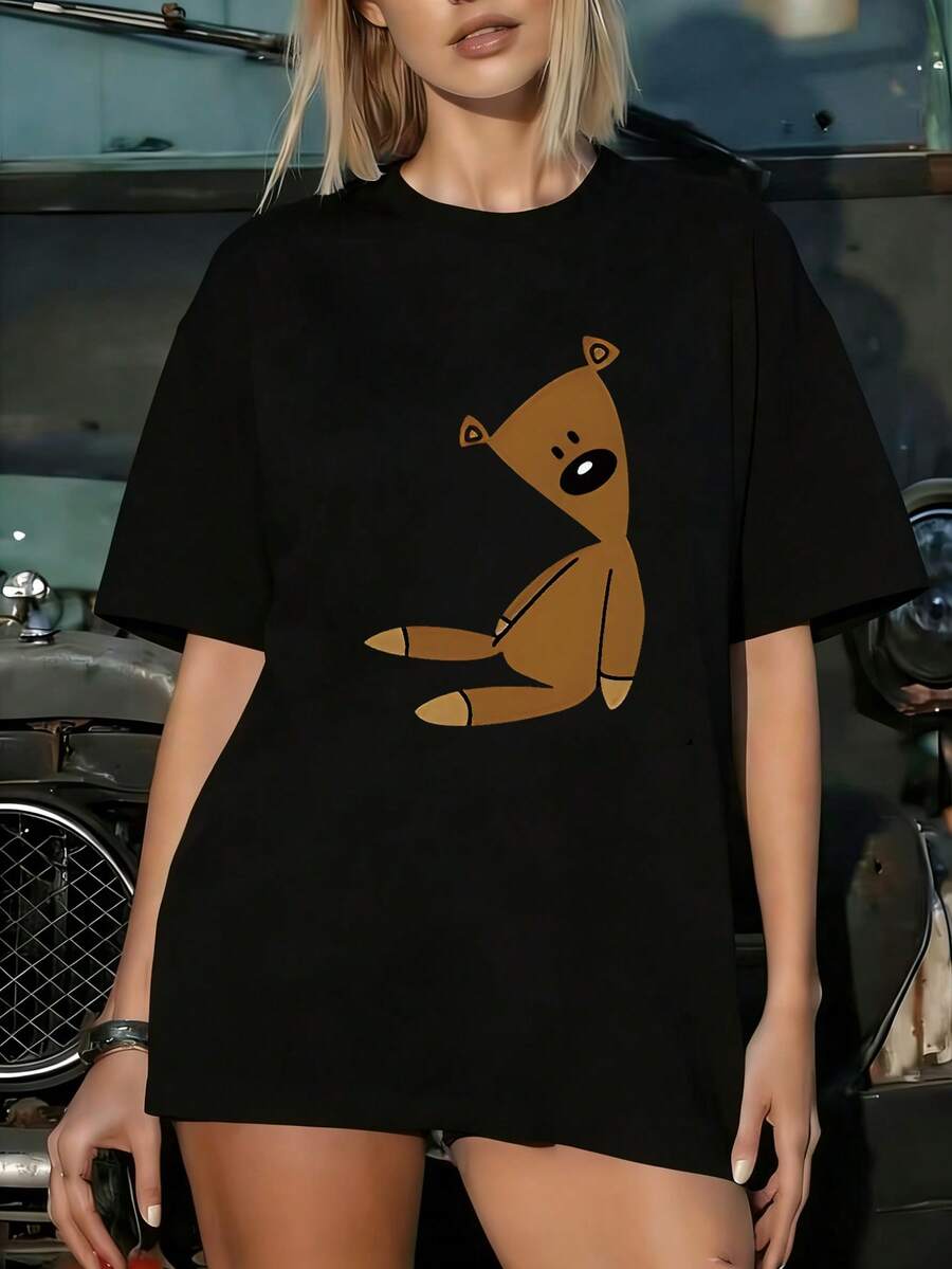 Women's Fashion Print Short Sleeve T-Shirt, Casual Round Neck Graphic Tee, Lightweight Soft Summer Tops, Versatile Streetwear - Black - View 1
