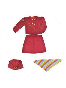 Conjunto de disfraz de azafata infantil, incluye gorra de azafata, vestido de carrera para niñas, atuendo de juego de roles, adecuado para Halloween - Burdeos - Ver 3