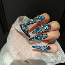 10 Handmade Armor-Wearing Blue Cat Eye Glittering Heart Sparkling Heavy Industrial Nail Art Spring/Summer Style White False Nails - 彩色 - 查看 1