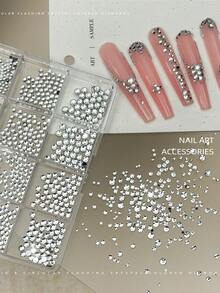 12 Grids Mix Size Crystal Rhinestones Nail Charms Bright Sparkling Clear Flat Back Round Rhinestones For Nail Art K9 Glitter Gems DIY Nail Decoration Supplies Nails - Multicolor - View 3