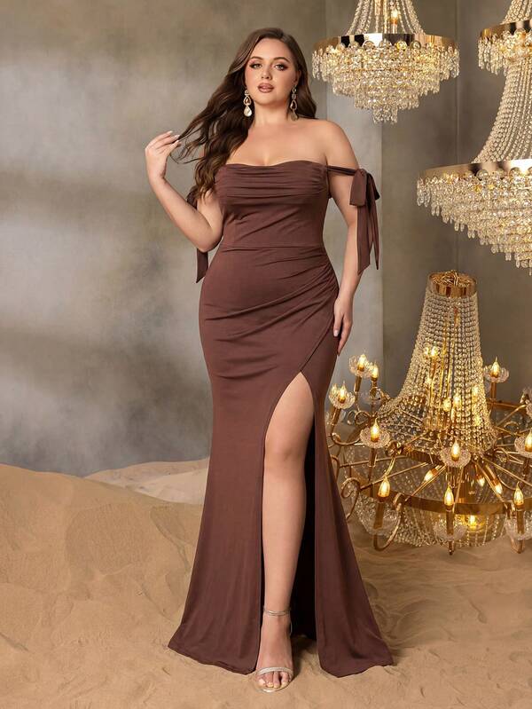 Faeriesty Plus Size Satin Mermaid Evening Gown - Off-Shoulder Neckline With Side Ruched Design, Includes Long Tie Sash, Floor-Length Suitable For Galas, Weddings, Formal Parties And Red Carpet Events
