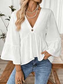Women's Solid Color Ruffle Hem Elegant Vacation Shirt, Summer White - White - View 1