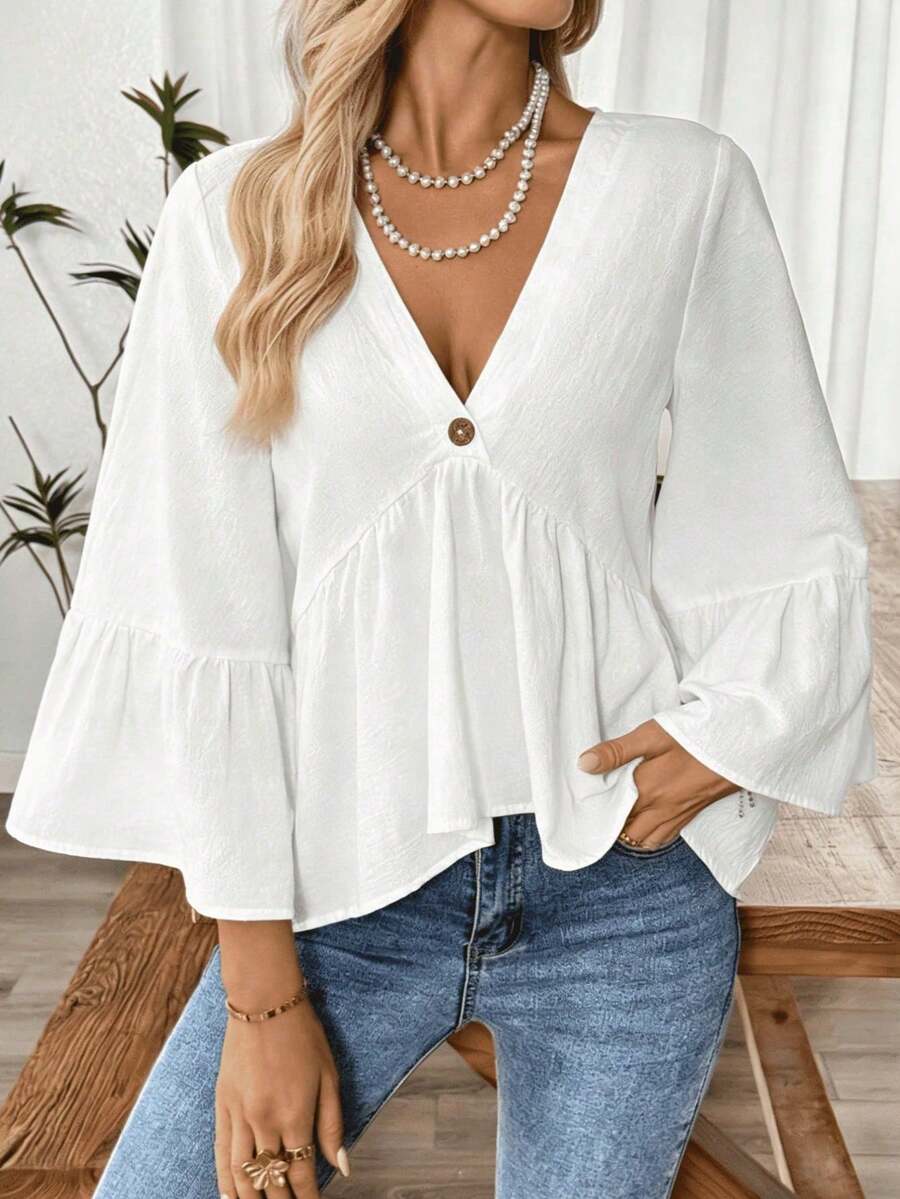 Women's Solid Color Ruffle Hem Elegant Vacation Shirt, Summer White - White - View 1