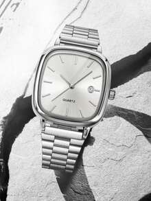 1pc Men's Quartz Watch Stainless Steel Strap Business Minimalist Bar Scale Retro Square With Calendar Function Dial Used For Daily Wear Party Decoration Or Father's Day Birthday Various Festival Gifts For Fathers And Brothers - Multicolor - View 5