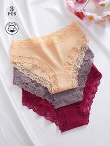 3pcs Solid Color Cotton Ribbed Lace Patchwork Sexy Comfortable Women's Triangle Panties - Multicolor - View 2