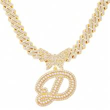 14mm Cuban Link Crystal Butterfly Letter Name Pendant Necklace, Sparkling Paved Rhinestone Cursive Letter Hip Hop Jewelry, New Arrival - Necklace - View 42