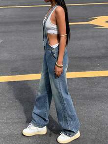 Low Waisted Shoulder Strap Wide Leg Jeans - Retro Washed Blue - View 5