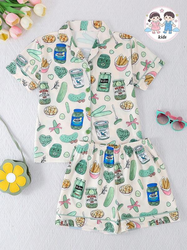 2pcs/Set Girls' Cute Food Pattern Print Lapel Short Sleeve Cardigan And Shorts Sleepwear Set, Flame Retardant, All Season