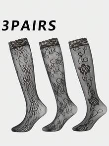 1 đôi/3 đôi tất lưới cao đến bắp chân dành cho nữ, kiểu dáng Y2K, họa tiết ren ở miệng tất, ngọt ngào và gợi cảm. Có thể phối cùng váy denim, quần short và giày cao gót. - màu đen - Xem 12