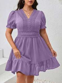 SHEIN VCAY Plus Size Lace Patchwork Puff Sleeve Summer Dress - 藏蓝色 - 查看 11