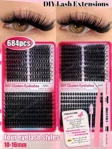 Regalo Nuevo Juego de 684/612 Pestañas Postizas de Estilo dibujos animados, Efecto de Maquillaje Natural, Pestañas Tipo Hada, Adecuado para Principiantes, Pestañas Individuales, Racimos de Pestañas Rizadas en Forma de D, Juego de Gran Capacidad, Kit de Extensión de Pestañas Postizas Amigable para Principiantes que Incluye Pegamento, Sellador y Pinzas - Rosa Roja - Ver 13