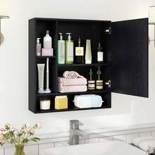 Wall Mounted Bathroom Cabinet With Mirror Single Door 3-Position Adjustable Shelf Hidden And Open Storage For The Bathroom, Living Room Or Entryway - Black - View 3