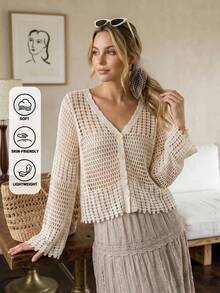 Áo kiểu nữ phong cách Bohemian cổ chữ V khoét rỗng mùa hè 2026 - Áo khoác dài tay nhẹ, phong cách đường phố, trang phục lễ hội, kỳ nghỉ biển, quà tặng Lễ Phục Sinh & Ngày của Mẹ. - Màu be - Xem 2