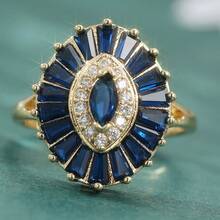 Vintage Luxury Blue & White Synthetic Cubic Zirconia Inlaid Women's Ring, Exquisite Jewelry Accessory For Festivals And Banquets, Perfect Anniversary Gift - Gold - View 10