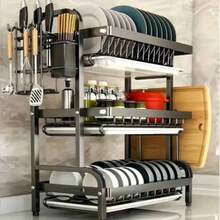 Étagère de cuisine à 3 niveaux avec drainage rapide, comprenant un support pour couteaux et fourchettes, un support pour planche à découper, un rack de rangement multifonction pour bols et assiettes, un cadre métallique élégant, un organisateur de cuisine durable - Noir - Voir 2