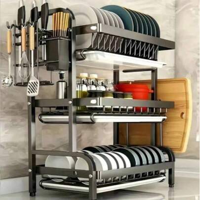 Étagère de cuisine à 3 niveaux avec drainage rapide, comprenant un support pour couteaux et fourchettes, un support pour planche à découper, un rack de rangement multifonction pour bols et assiettes, un cadre métallique élégant, un organisateur de cuisine durable