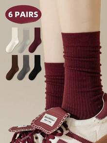 6 paires de chaussettes mi-mollet pour femmes, chaussettes pour dames, chaussettes mi-mollet côtelées de couleur unie, portables et polyvalentes pour le printemps/été, chaussettes folles, convenant aux sandales, talons hauts, baskets, chaussettes noires et blanches d'intérieur, cadeau de vacances - Multicolore - Voir 5