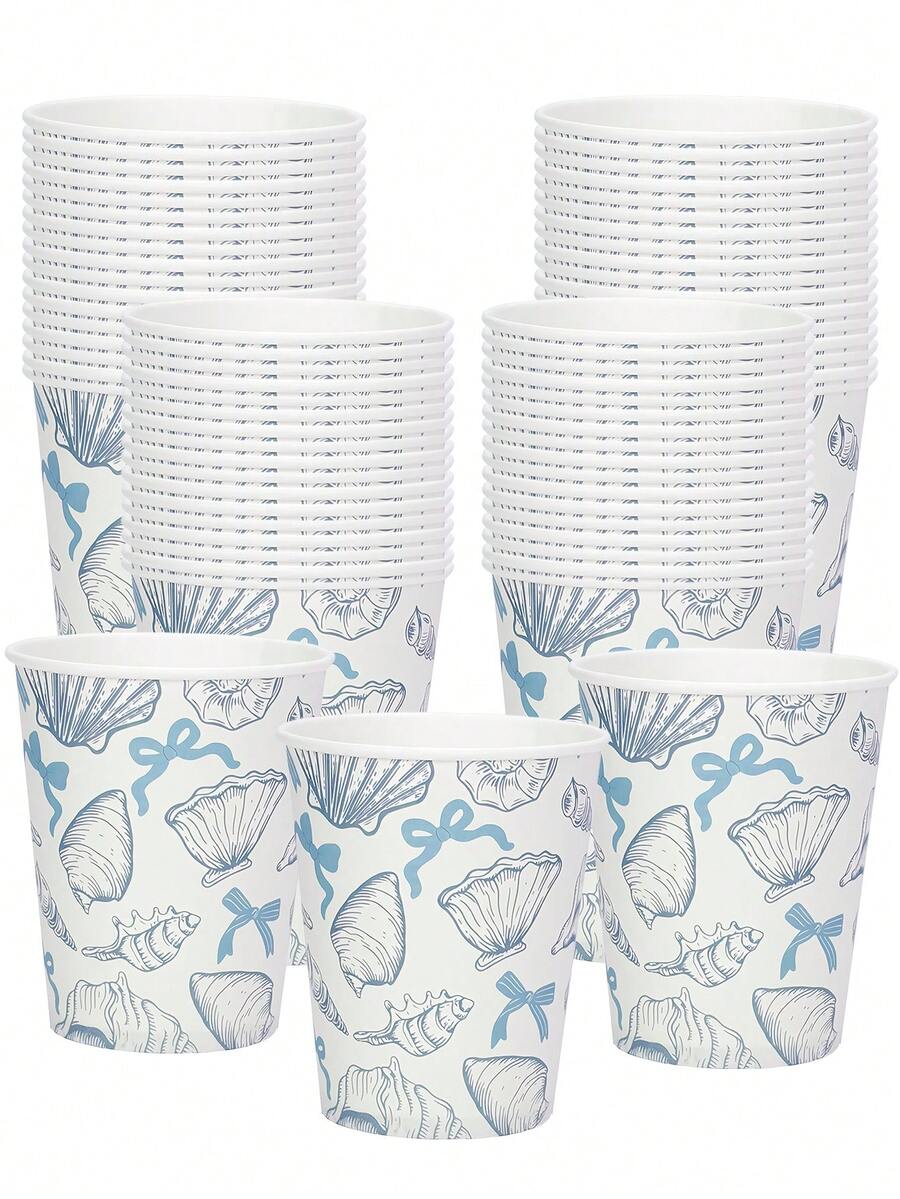6pcs/12pcs/24pcs Coastal Seashell Themed Paper Cups, Disposable Beverage Cups Party Supplies, Ideal For Water, Juice, Cocktails, Perfect For Beach Weddings, Bridal Showers, Engagement Parties Birthday & Nautical Event Table Decorations - cốc giấy - Xem 1