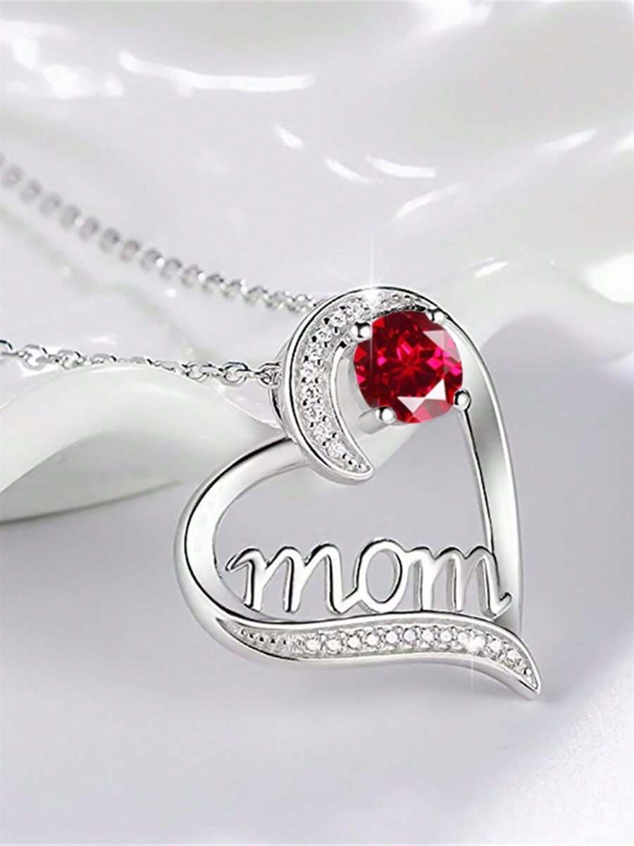 1pc Women's Cubic Zirconia Pendant Necklace, Suitable As Mother's Day Gift, Anniversary Celebration, Party Wear - Silver + Red - View 1