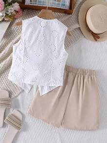Left Mama Girls Casual Jacquard Vest & Shorts Set, Versatile Daily Wear For Summer - White - View 3