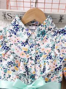 Tween Girl Long Sleeve Floral Print Mesh Dress With Tie Waist, Party Occasion Dress - Green - View 3